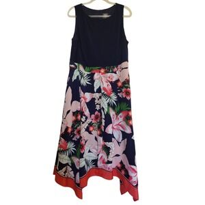 Vince Camuto Dress Woman 16W Navy‎ Multi Floral Asymmetrical Colorblock Slvs